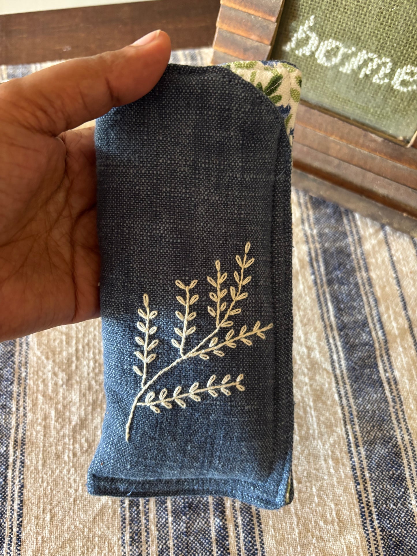 Reading Glass Pouch - Navy Blue with Pearly White Hand Embroidery