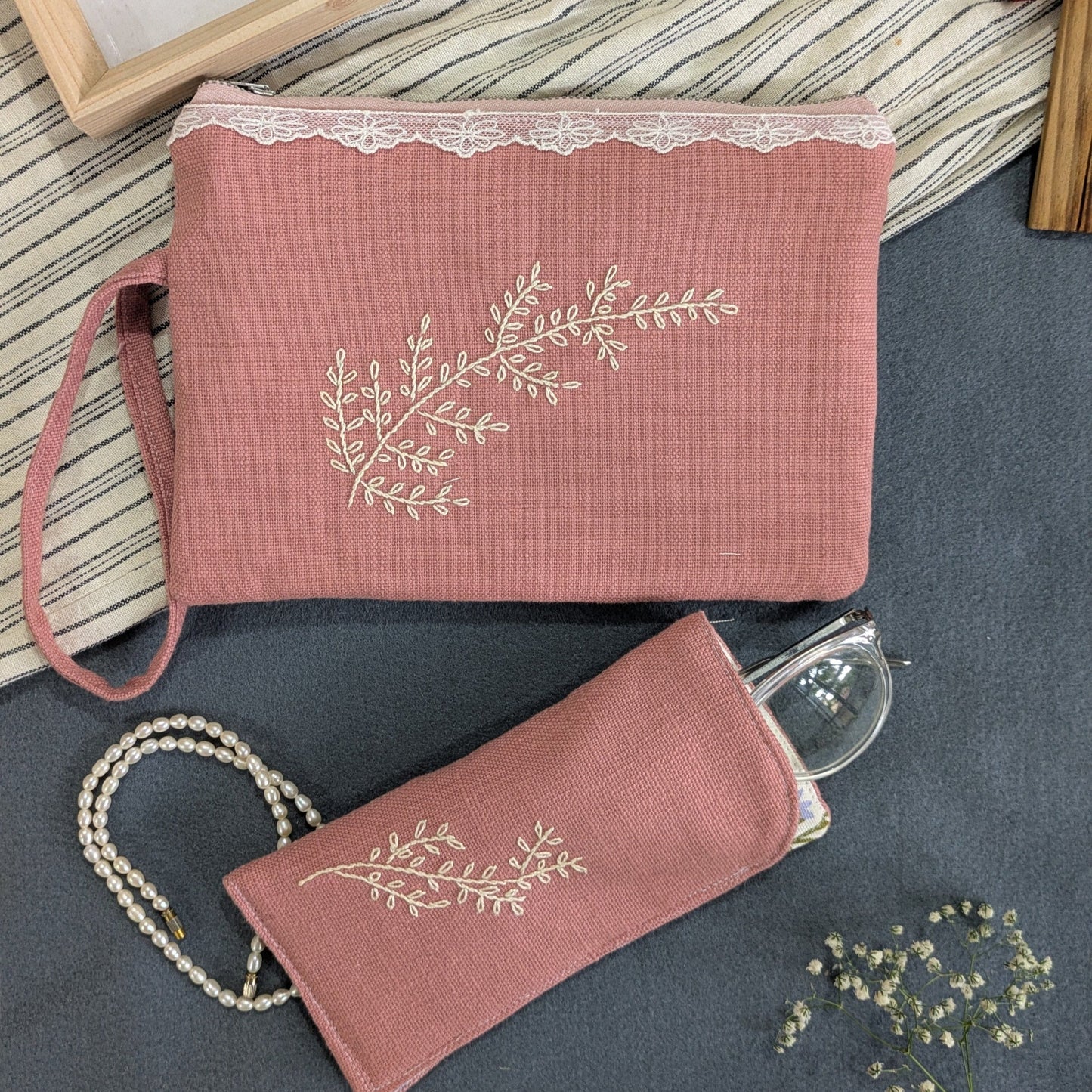Ladies Wristlet - Dusty Pink with Pearly White Embroidery
