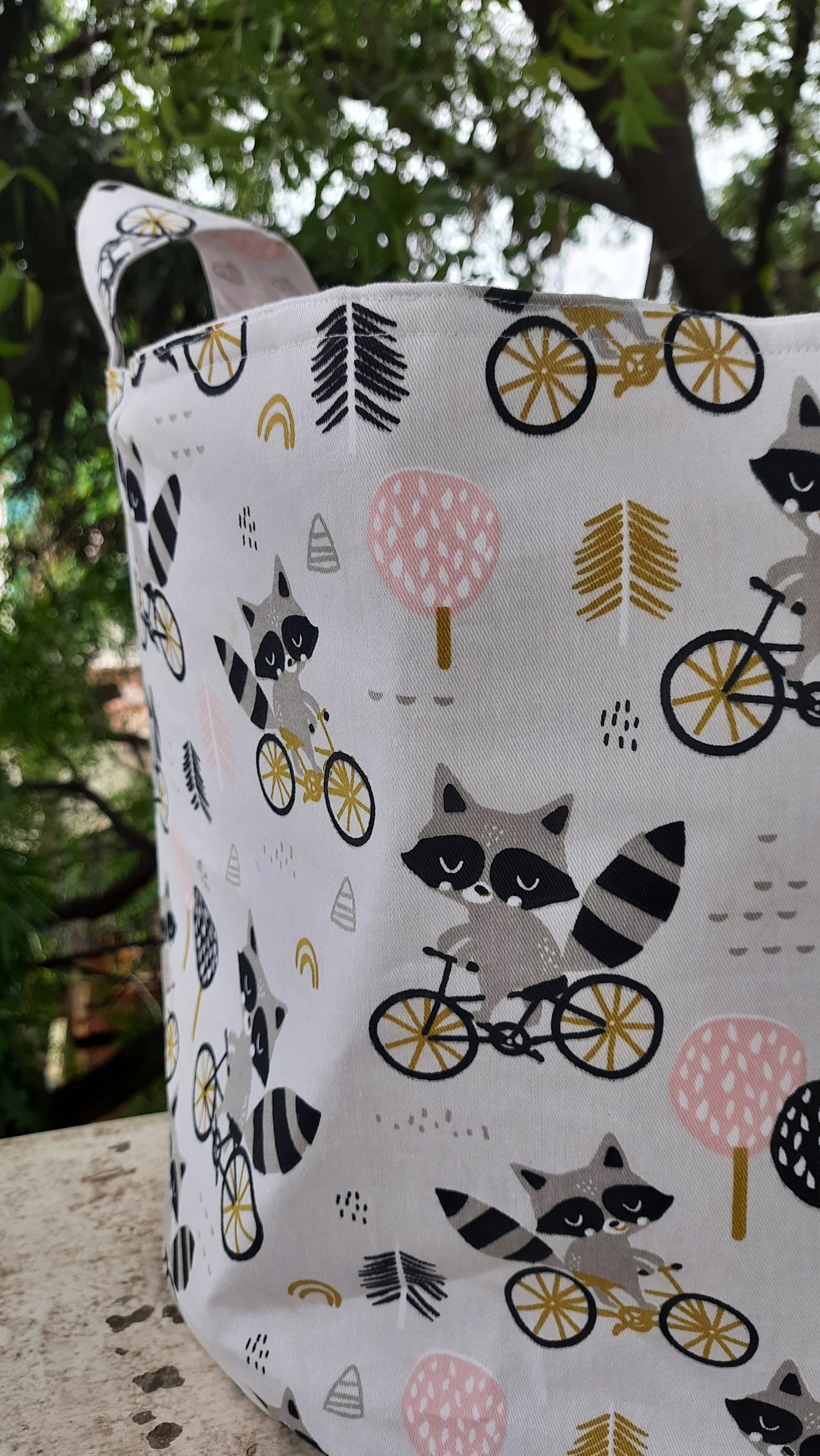 Toy/nursery storage bin-Racoons out on a ride