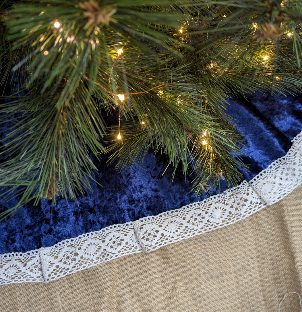 Tree Skirt- Blue Velvet with lace edge