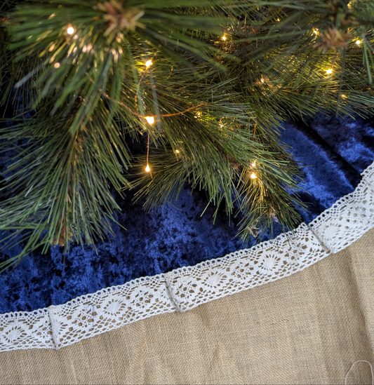 Tree Skirt- Blue Velvet with lace edge