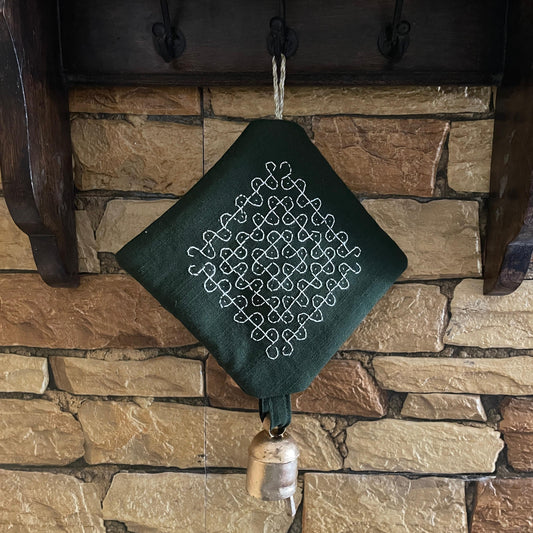 Dark green fabric panel/ mini quilt with white Kolam rangoli pattern hanging against a stone wall. Likely an entryway of a house in India