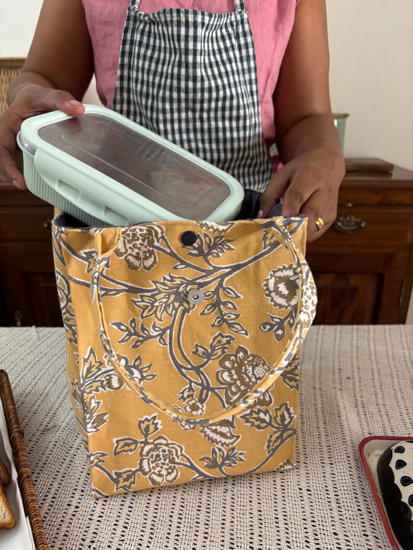 Lunch Bag - Grey and Yellow Florals