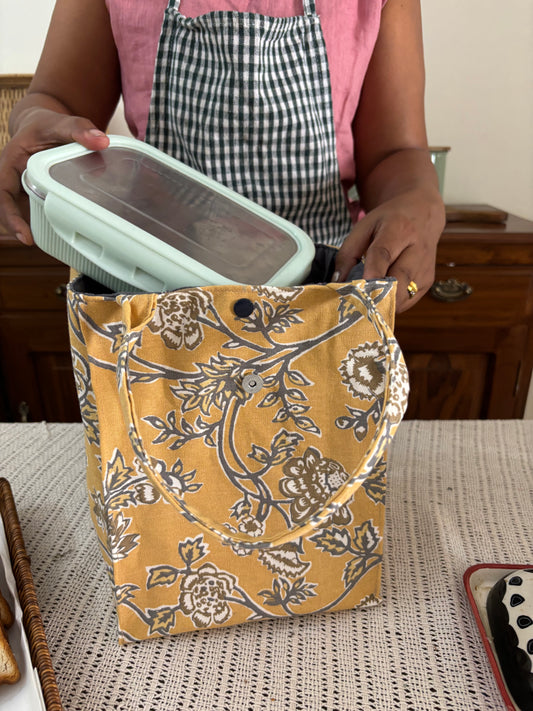 Lunch Bag - Grey and Yellow Florals