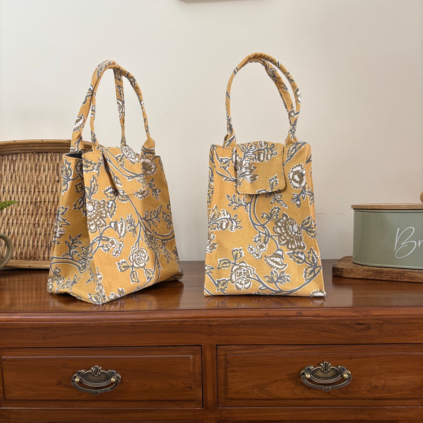 Lunch Bag - Grey and Yellow Florals