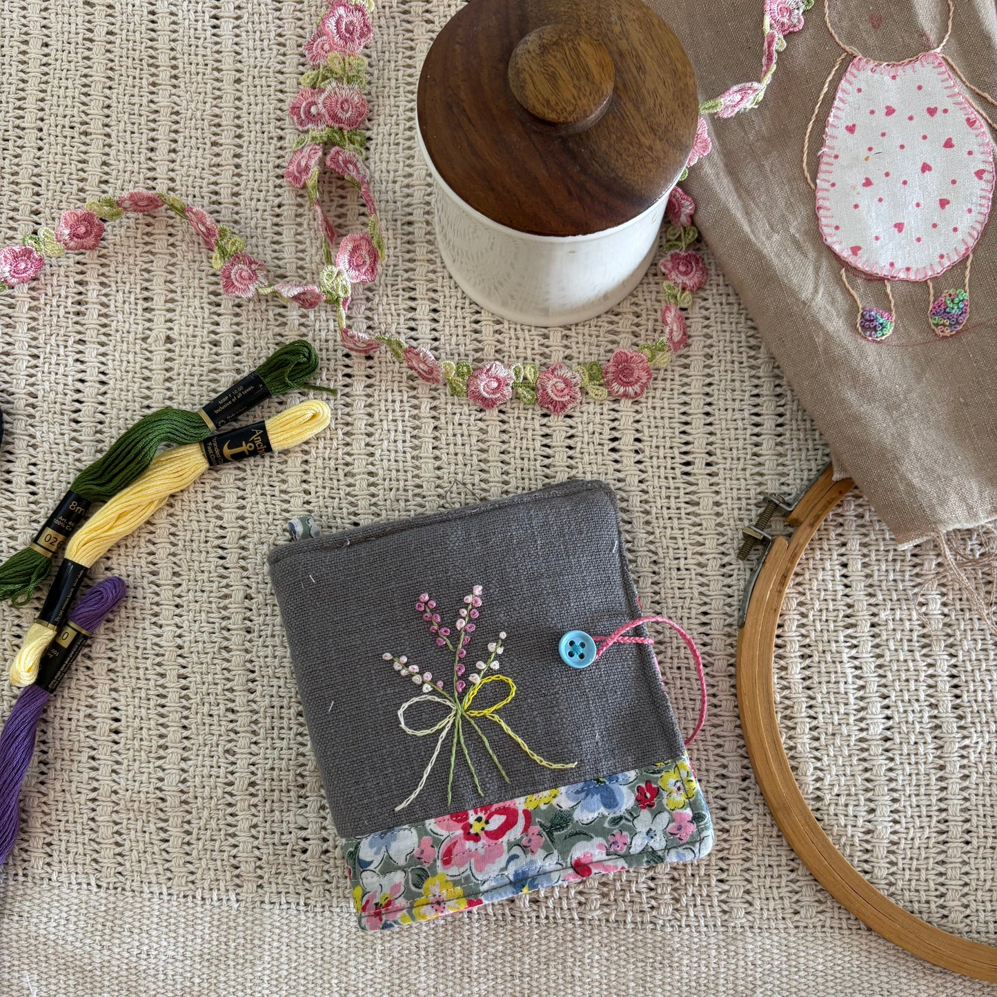 Needle Book - Hand Embroidered Button Roses