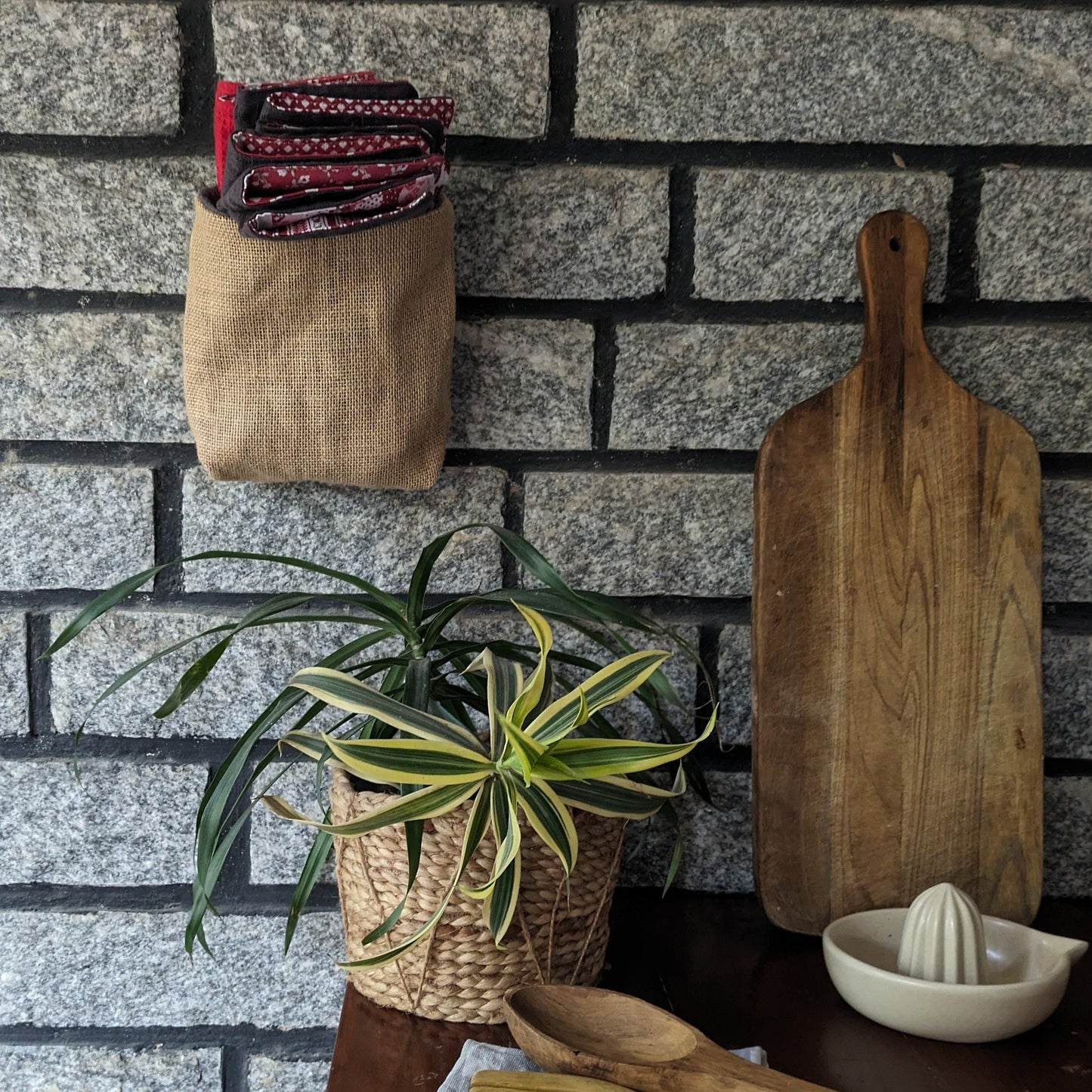 A set of unpaper towles or cleaning wipes reusable and made in cotton wall hung in an indian kitchen