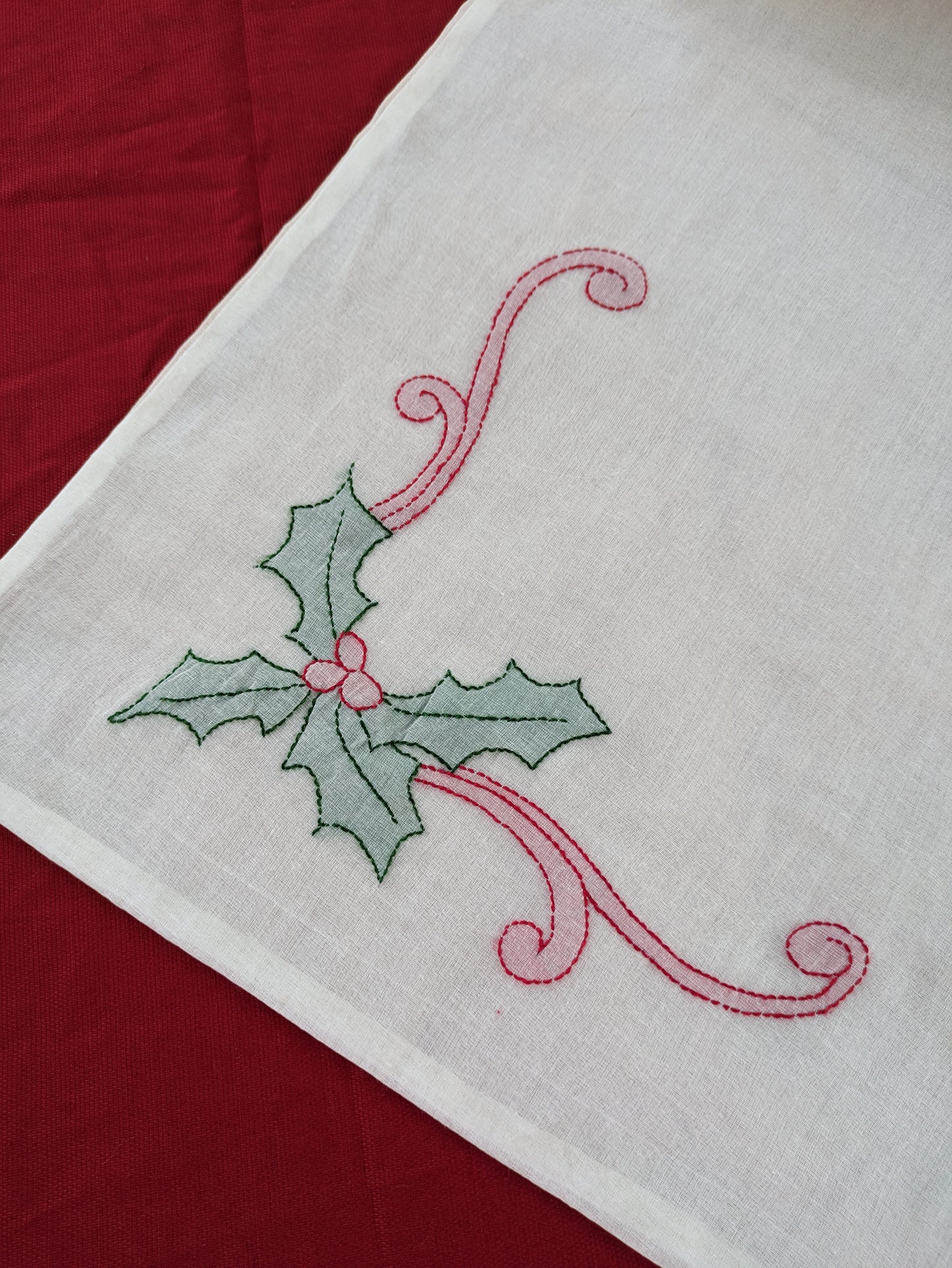 Table runner- Hand embroidered-holly