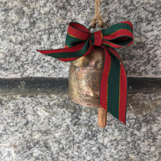 Cowbell  Ornament - Red & Green with a hint of gold