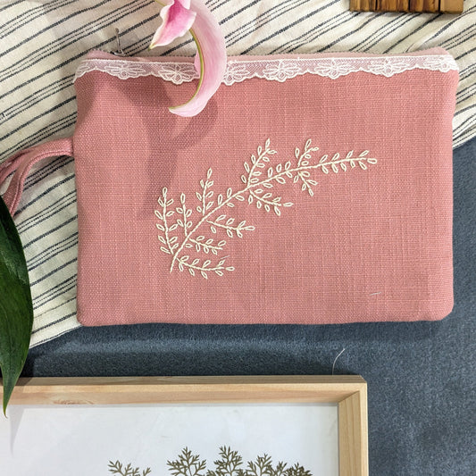 Ladies Wristlet - Dusty Pink with Pearly White Embroidery