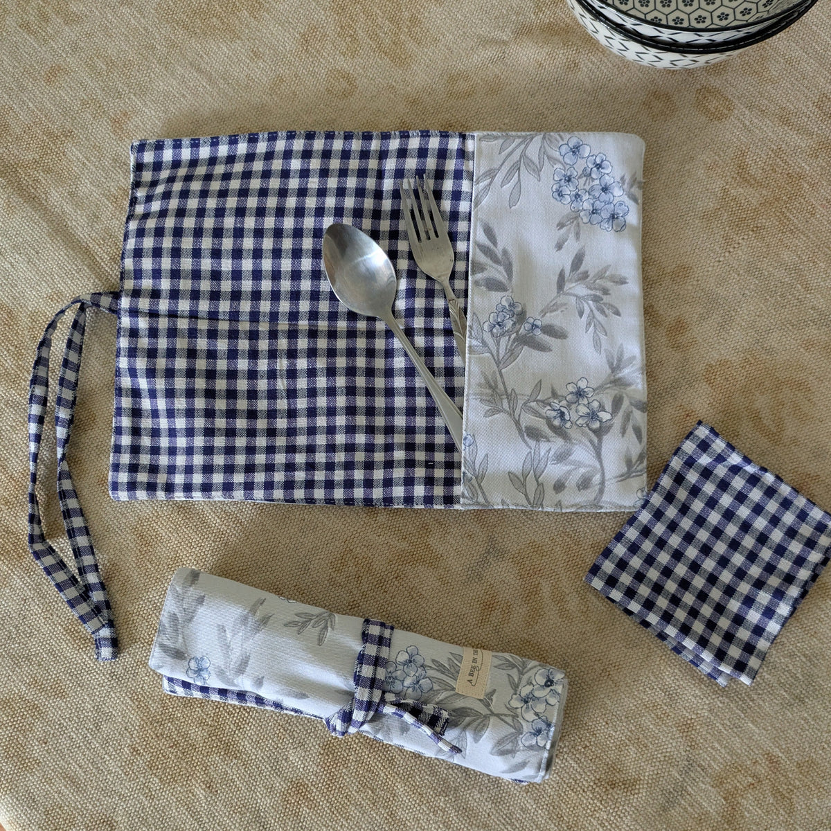 Placemat cum Cutlery Roll with Napkin for Kids - Handmade Cotton, School & Travel - Non Personalised