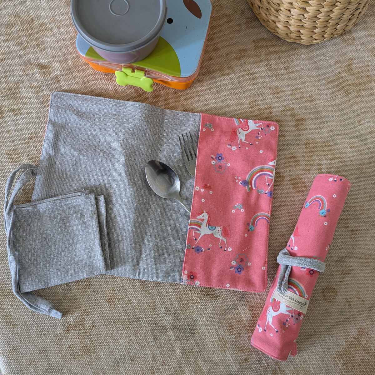Placemat cum Cutlery Roll with Napkin for Kids - Handmade Cotton, School & Travel - Non Personalised