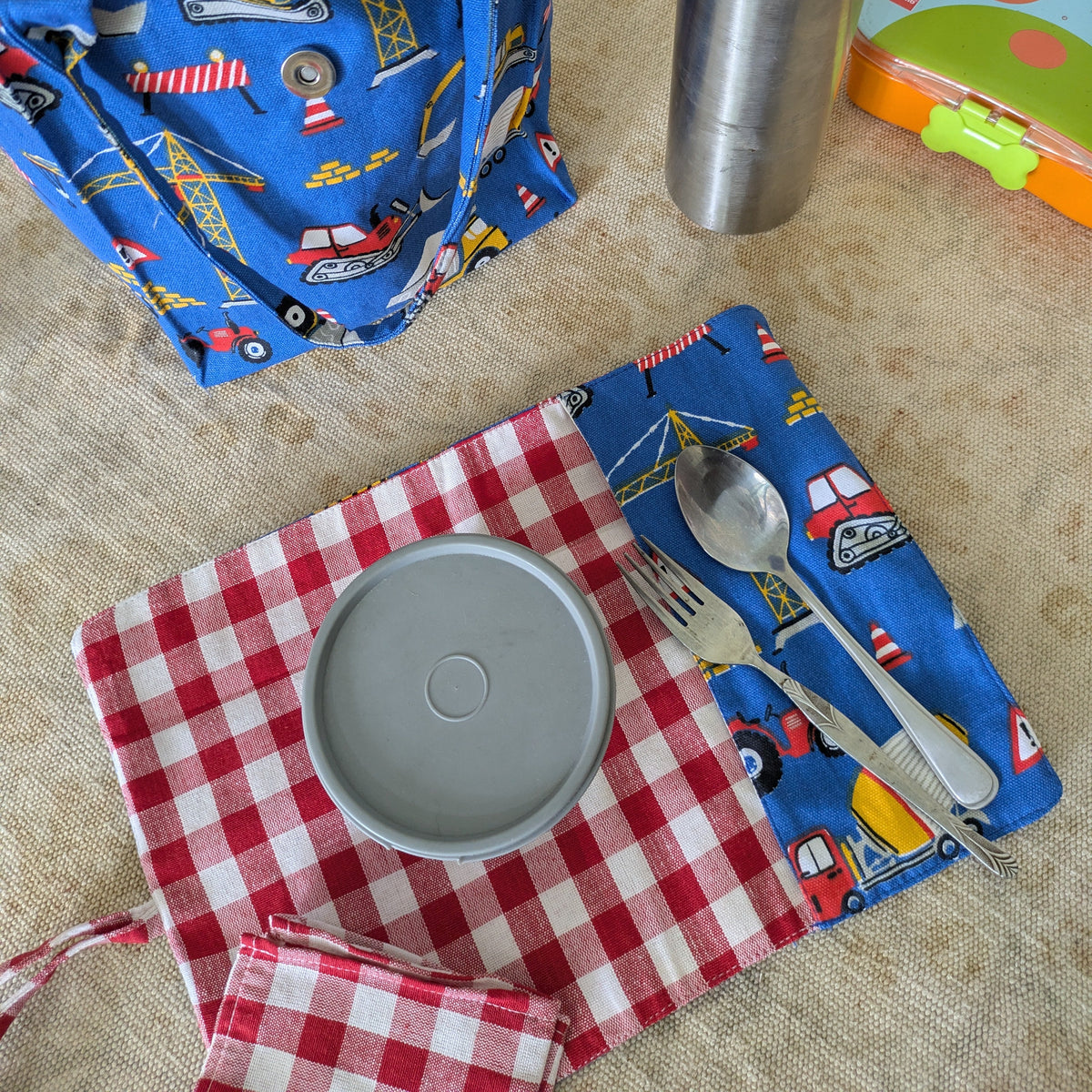 Placemat cum Cutlery Roll with Napkin for Kids - Handmade Cotton, School & Travel - Non Personalised
