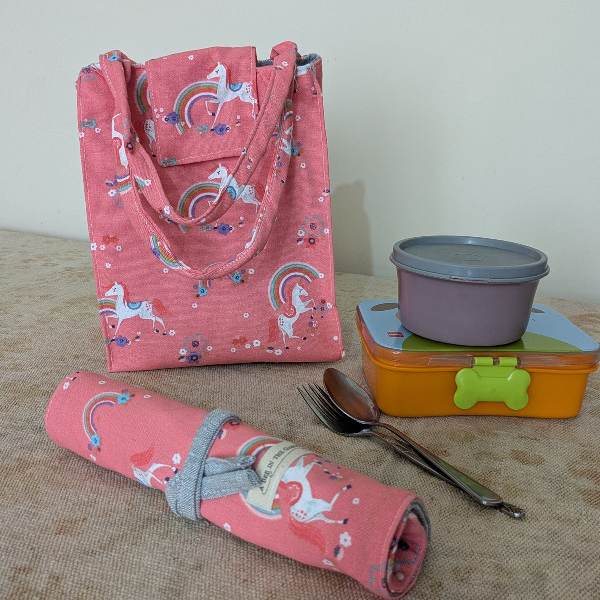 Lunch Bag - Unicorn | Handmade Cotton Lunch Bag with Cutlery Pocket