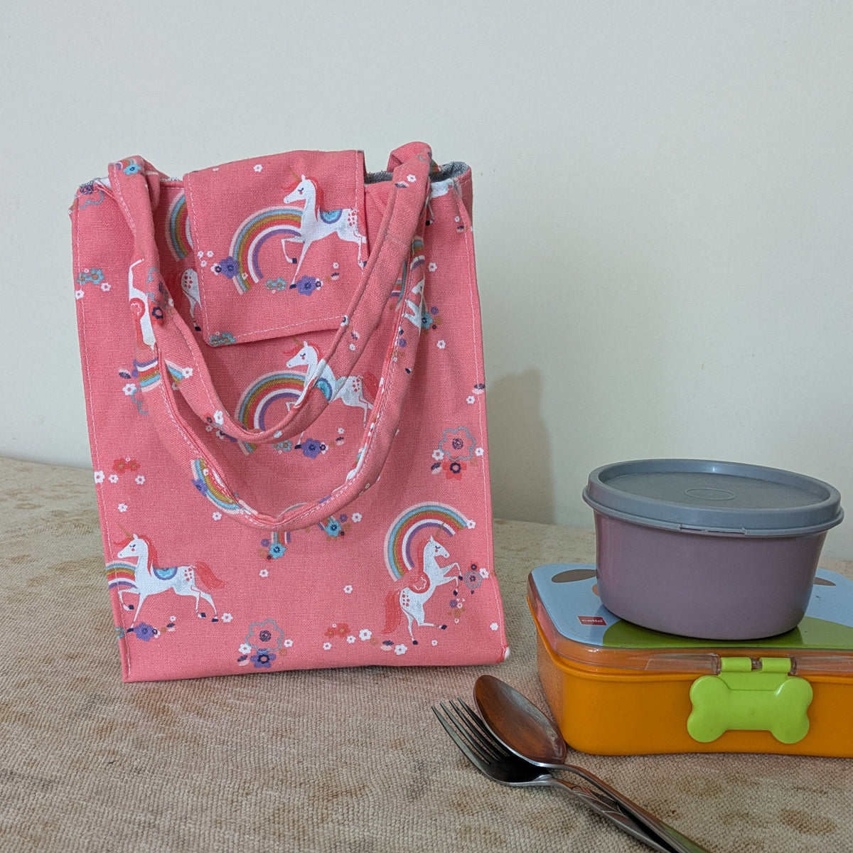 Lunch Bag - Unicorn | Handmade Cotton Lunch Bag with Cutlery Pocket