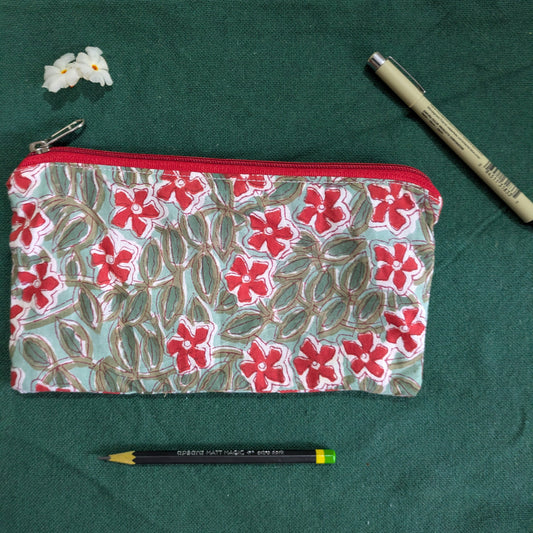 Upcycled Zippered Pouch - Block print -earthy florals