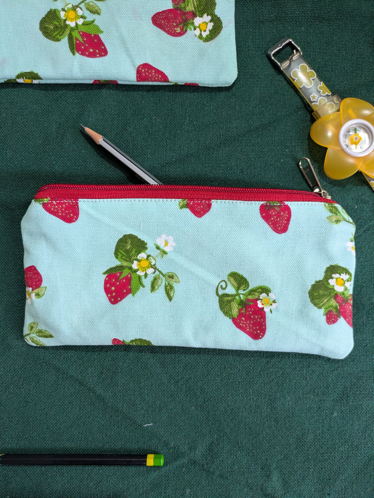 Upcycled Zippered Pouch - Strawberry on Blue