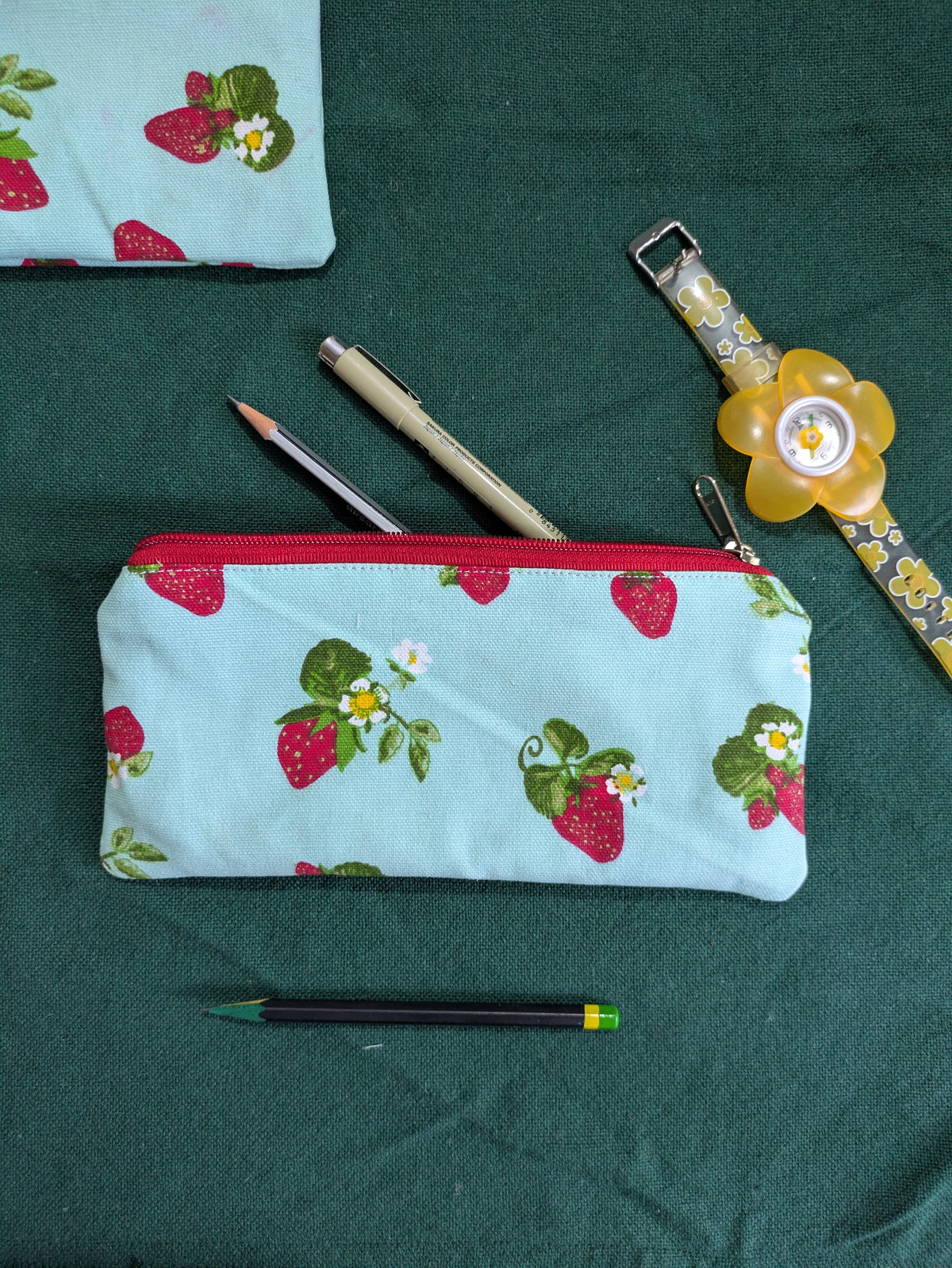 Upcycled Zippered Pouch - Strawberry on Blue