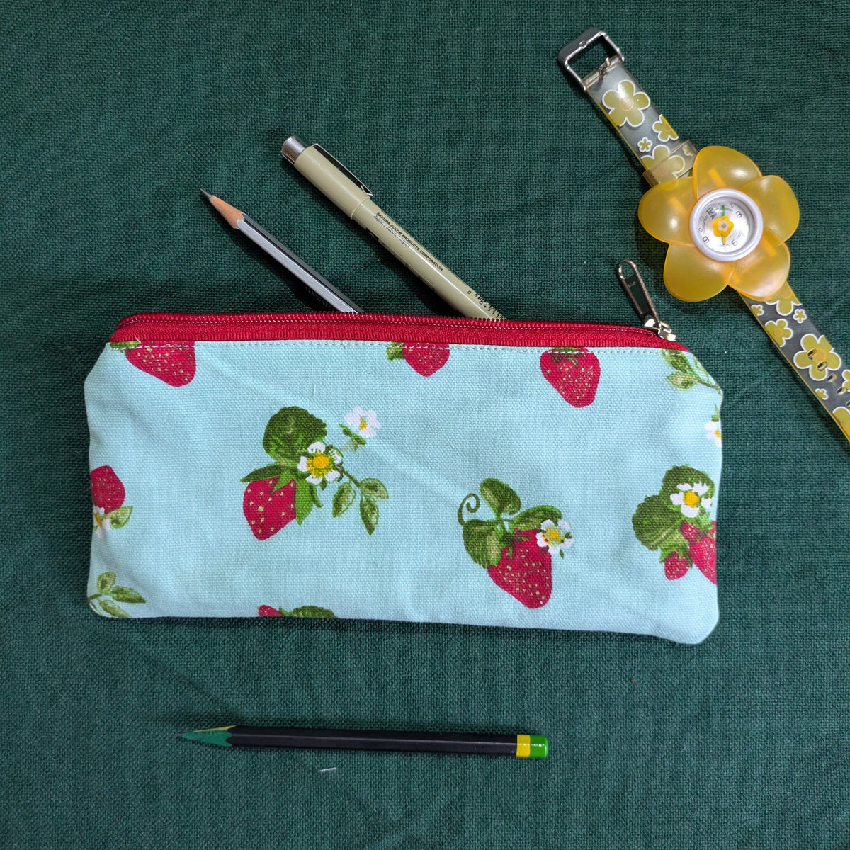 Upcycled Zippered Pouch - Strawberry on Blue