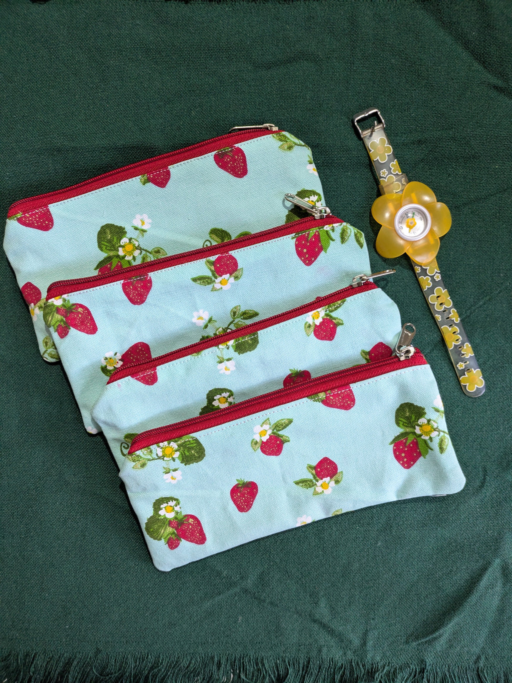 Upcycled Zippered Pouch - Strawberry on Blue