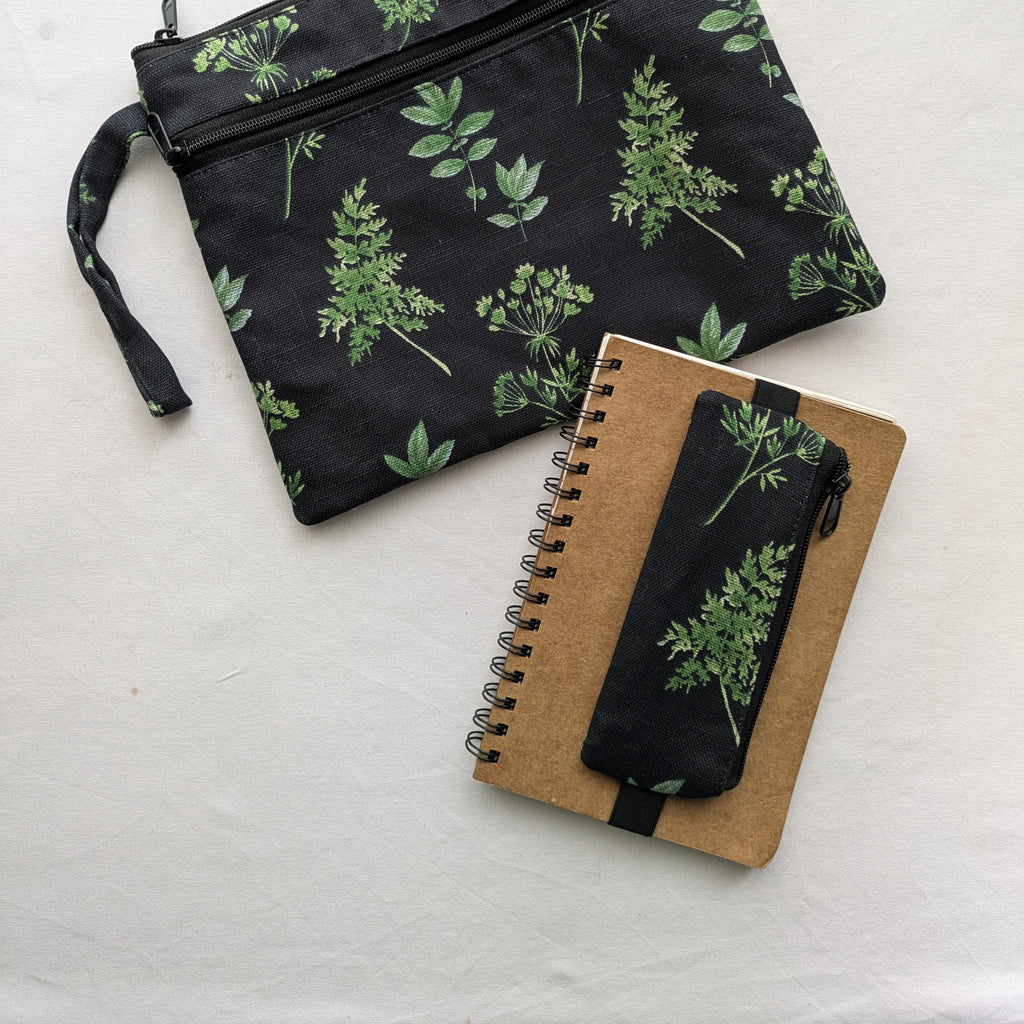 Dual Zip Wristlet Pouch – Monsoon Ferns- Large (A4)| Cotton Dual-Compartment Wristlet