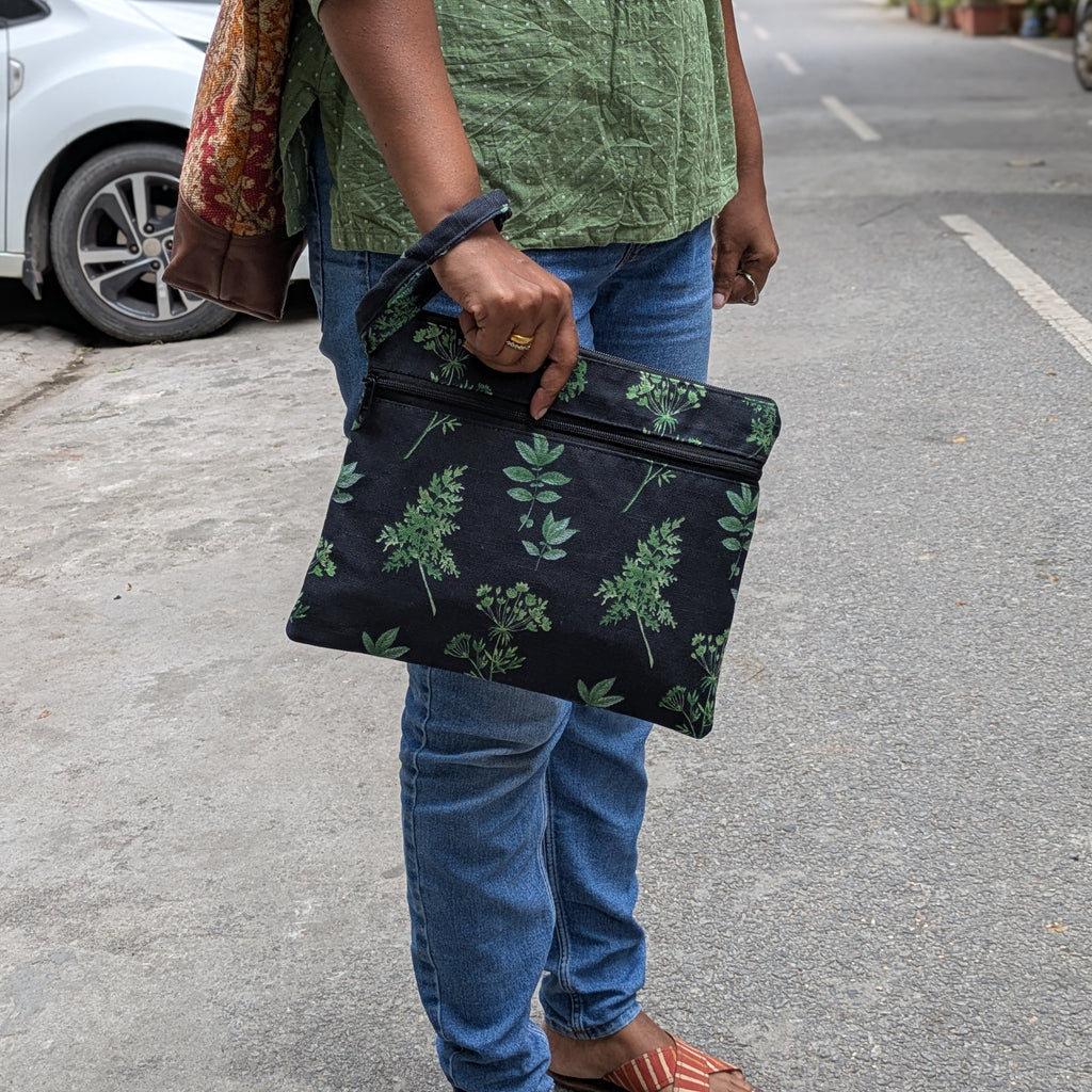 Dual Zip Wristlet Pouch – Monsoon Ferns- Large (A4)| Cotton Dual-Compartment Wristlet