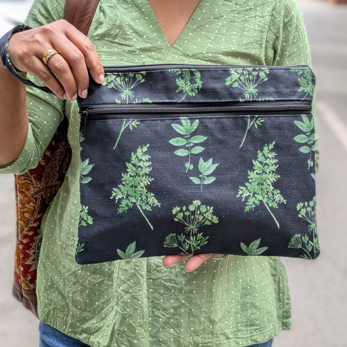 Dual Zip Wristlet Pouch – Monsoon Ferns- Large (A4)| Cotton Dual-Compartment Wristlet