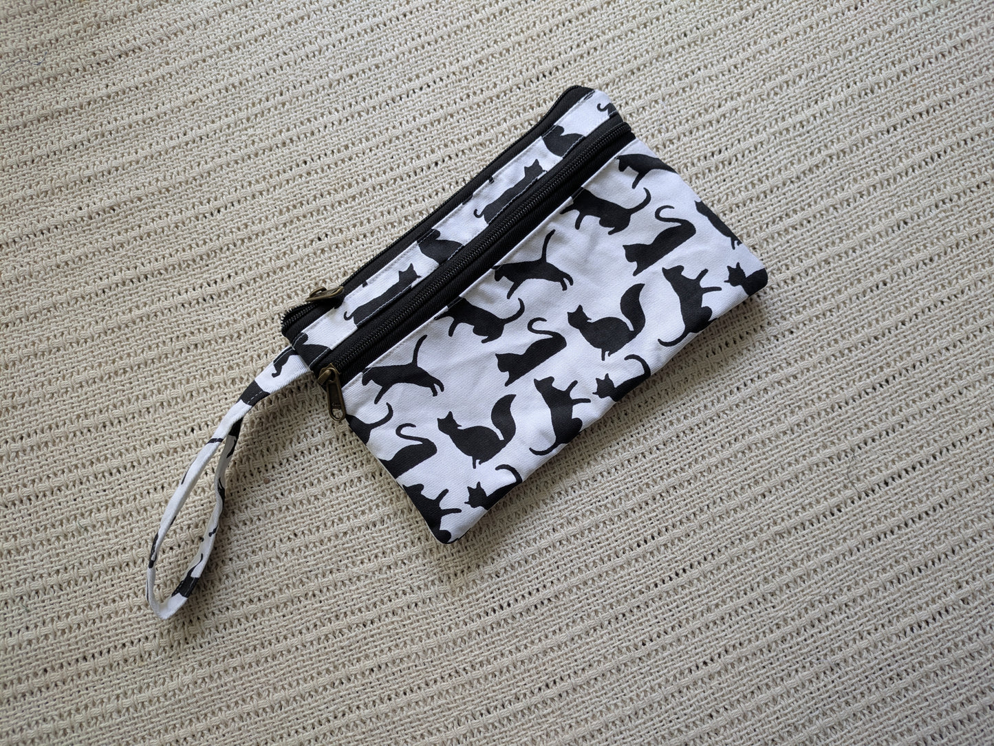 Dual Zip Wristlet Pouch - Monochrome Cats