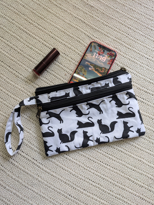 Dual Zip Wristlet Pouch - Monochrome Cats