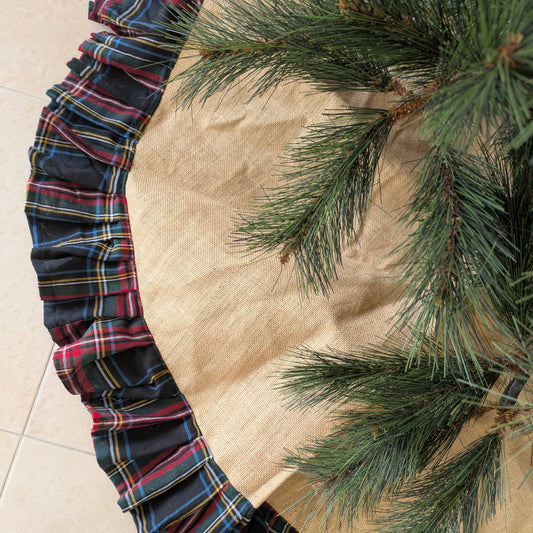 Tree Skirt- Burlap with Scottish checks frilly edge