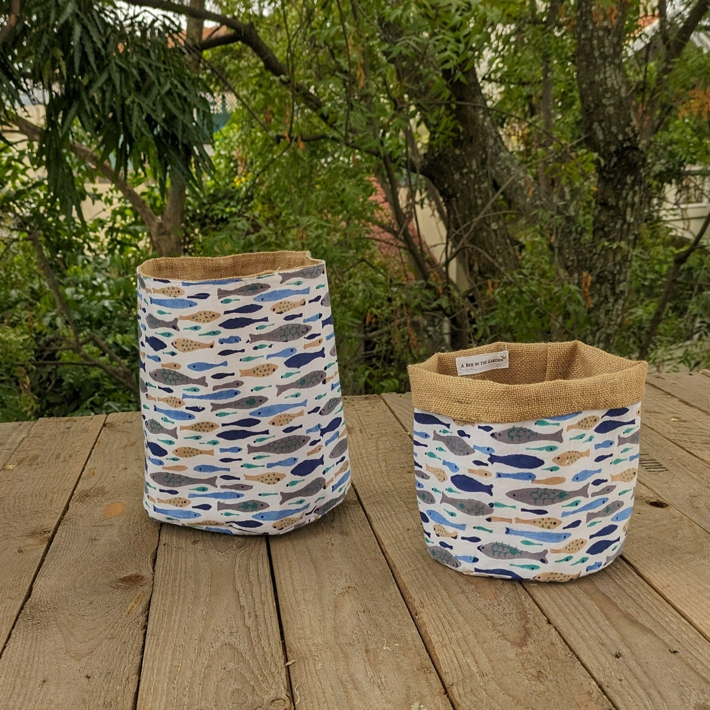 Fabric Basket-Block Print and Burlap-Fish tales