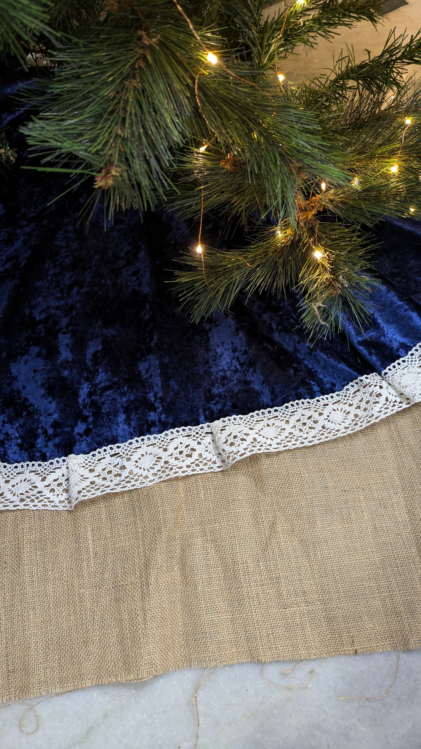 Tree Skirt- Blue Velvet with lace edge