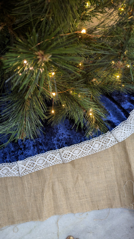 Tree Skirt- Blue Velvet with lace edge