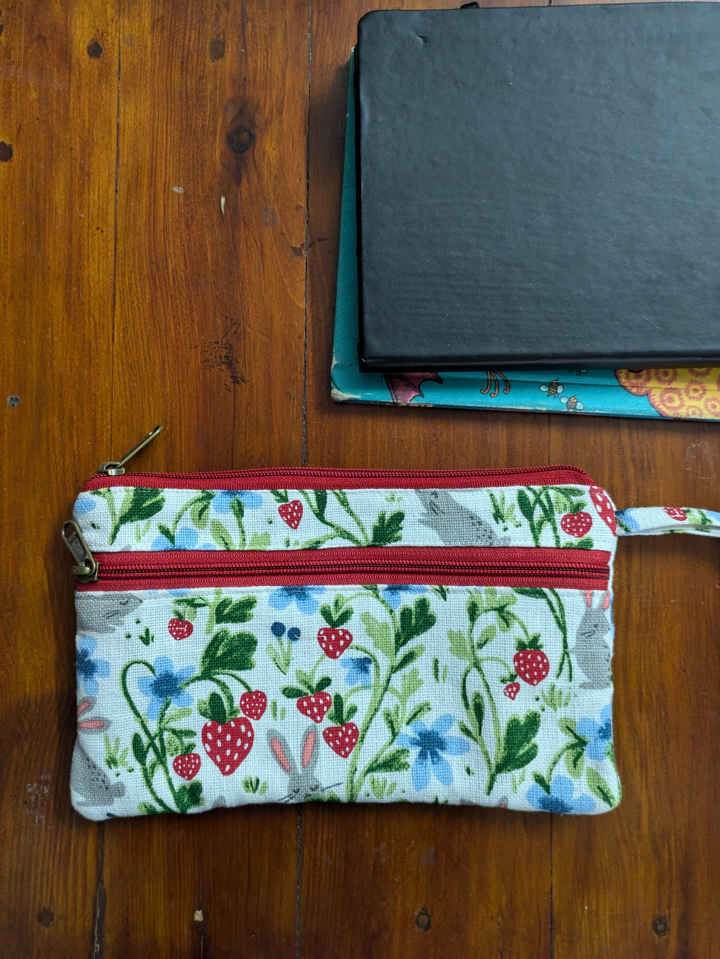 Dual Zip Wristlet Pouch - Bunnies in Strawberry Patch