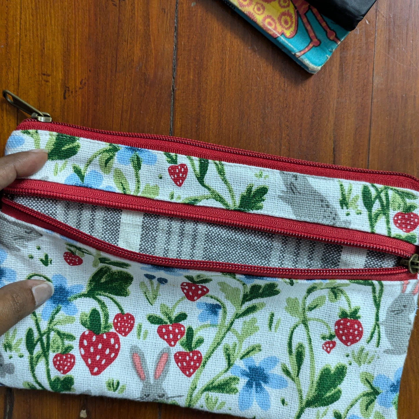 Dual Zip Wristlet Pouch - Bunnies in Strawberry Patch