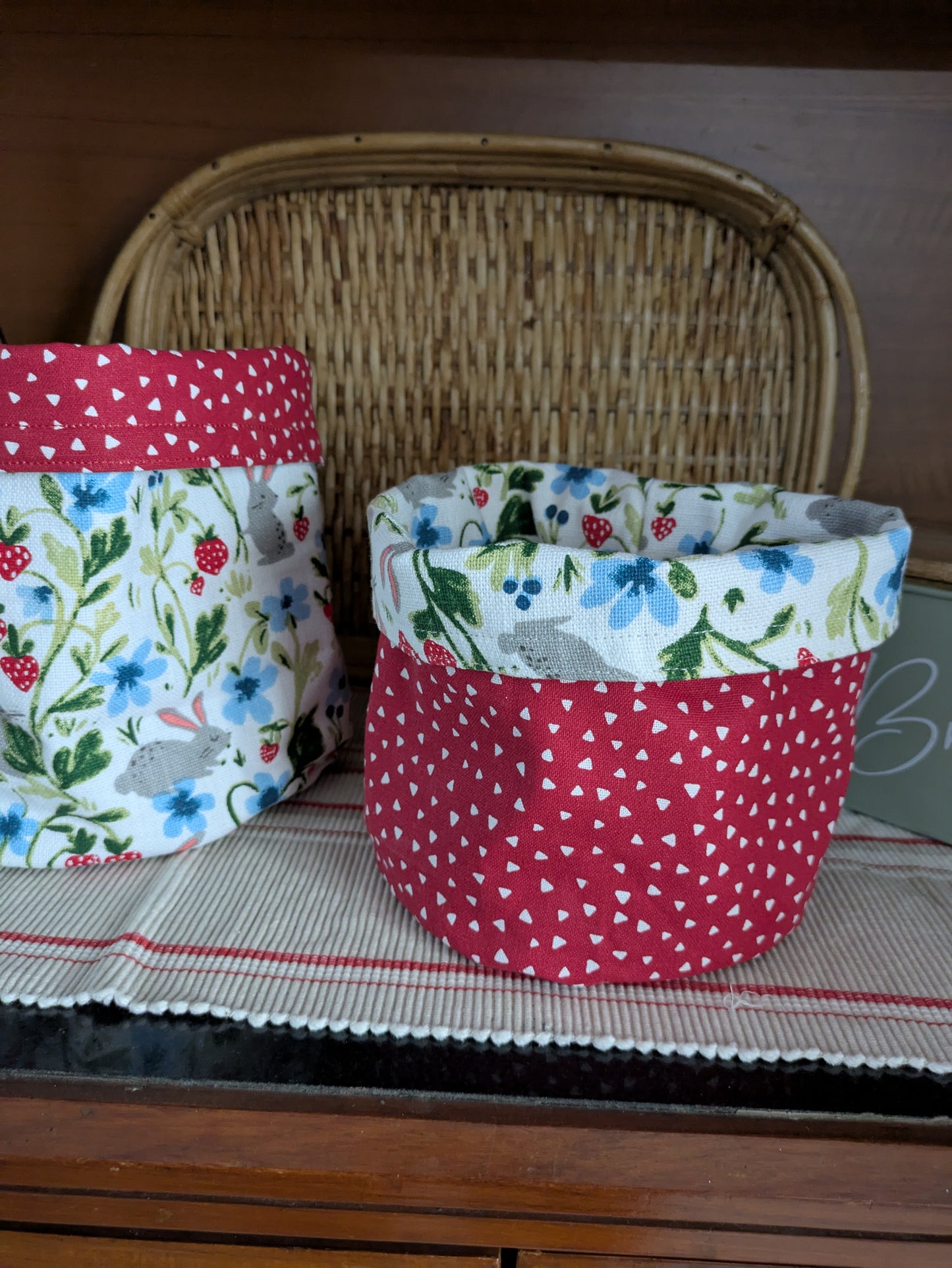Fabric Basket - Bunnies in a strawberry patch