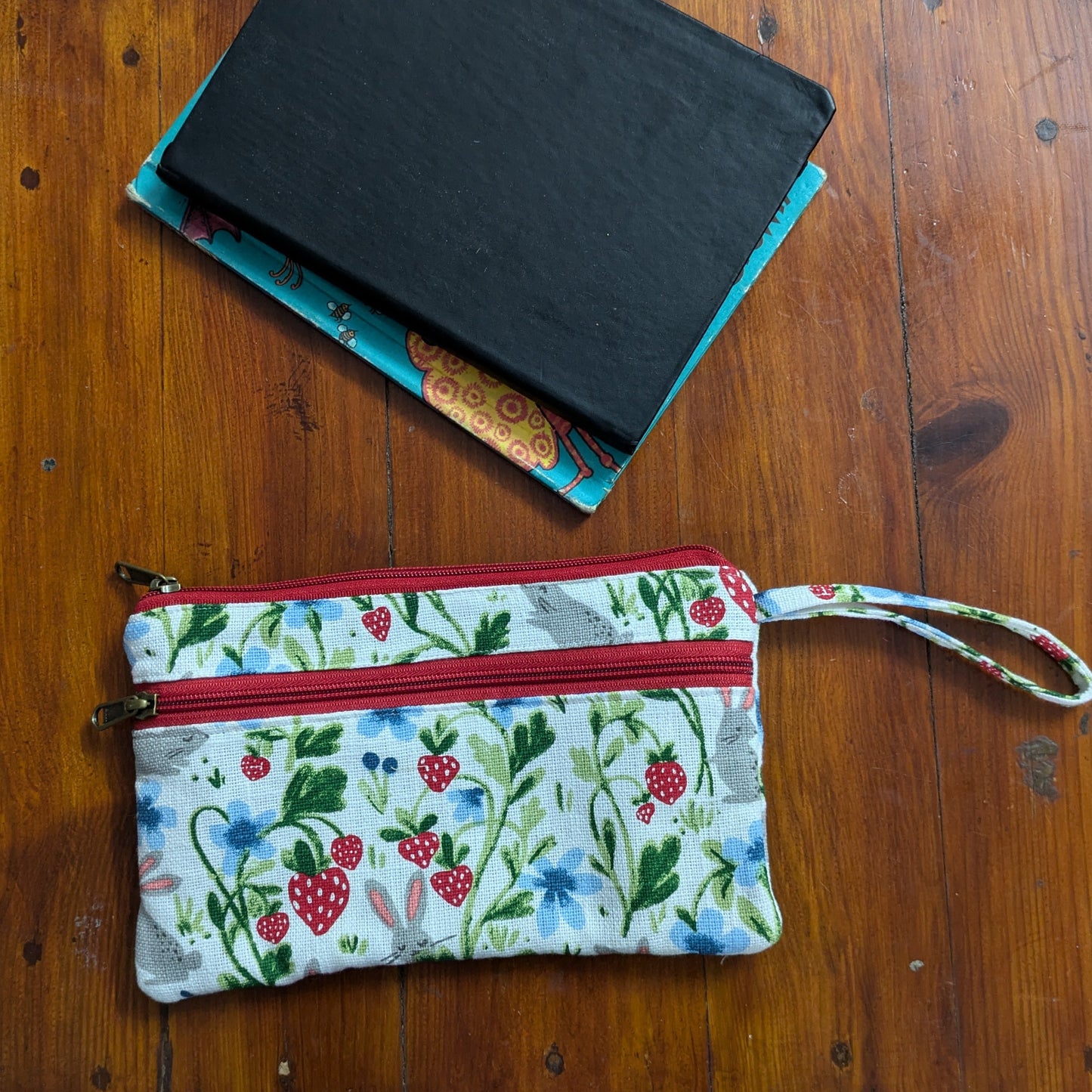 Dual Zip Wristlet Pouch - Bunnies in Strawberry Patch