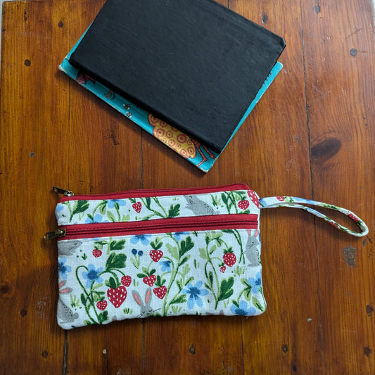 Dual Zip Wristlet Pouch - Bunnies in Strawberry Patch