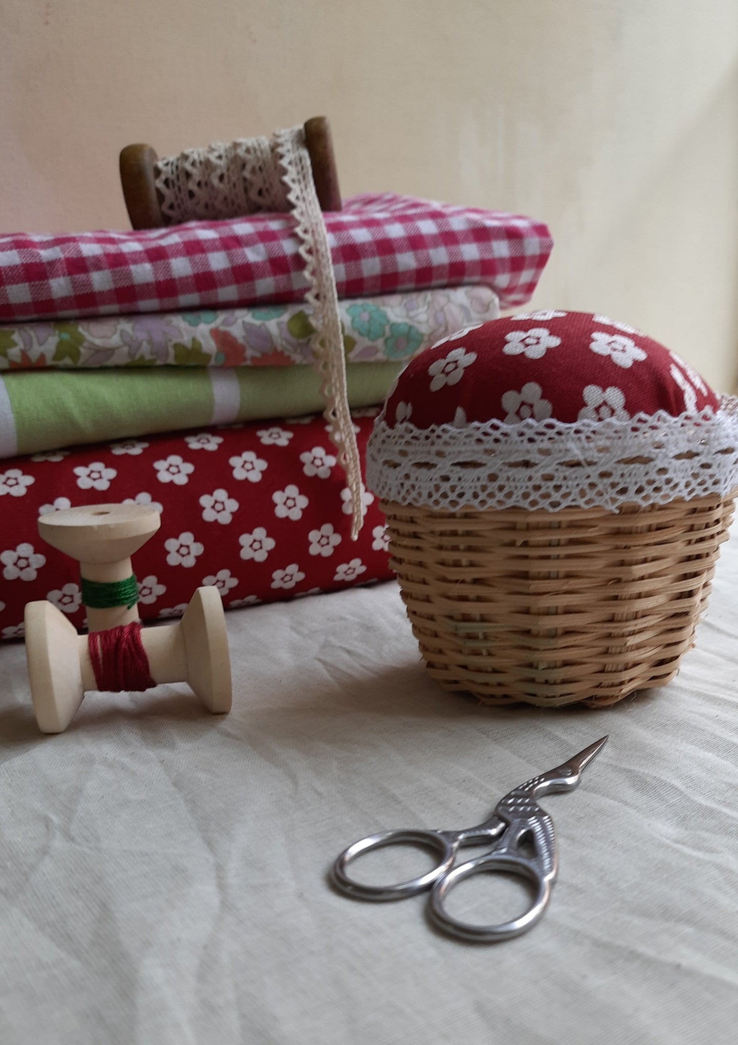 Pincushion - Red Floral with cane base