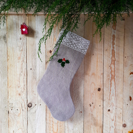 Linen Christmas Stocking - Beige with hand embroidery