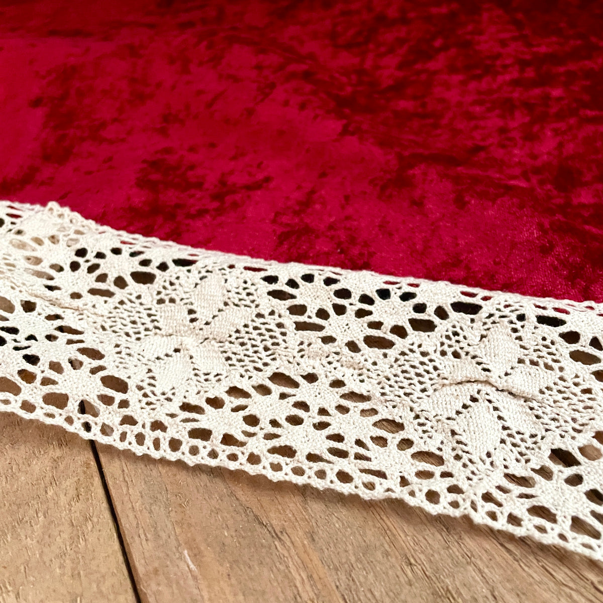 Tree Skirt- Red Velvet with Poinsettia lace edge