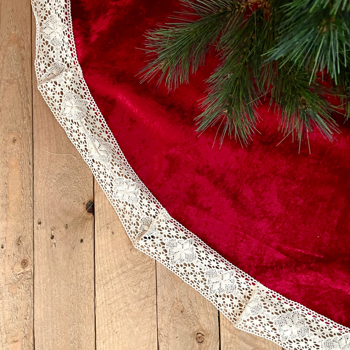 Tree Skirt- Red Velvet with Poinsettia lace edge