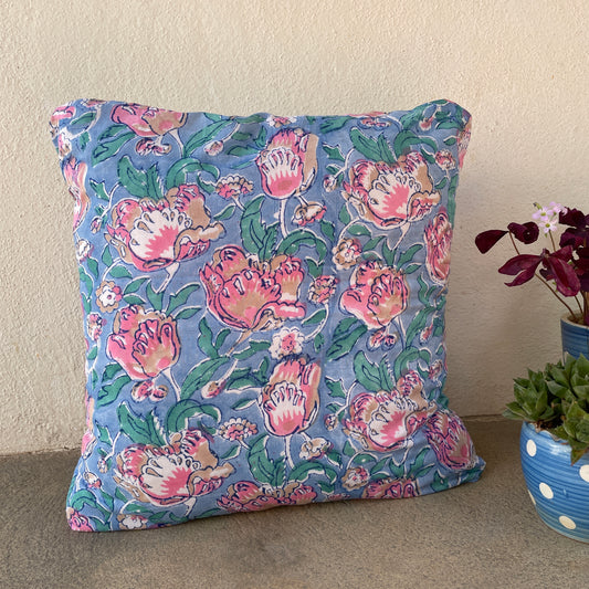 Cushion Cover 16x16"- Blockprint cotton-Blue and Pink