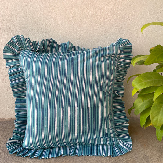 Frilly Cushion Cover 16x16"- Blockprint cotton-Teal stripes