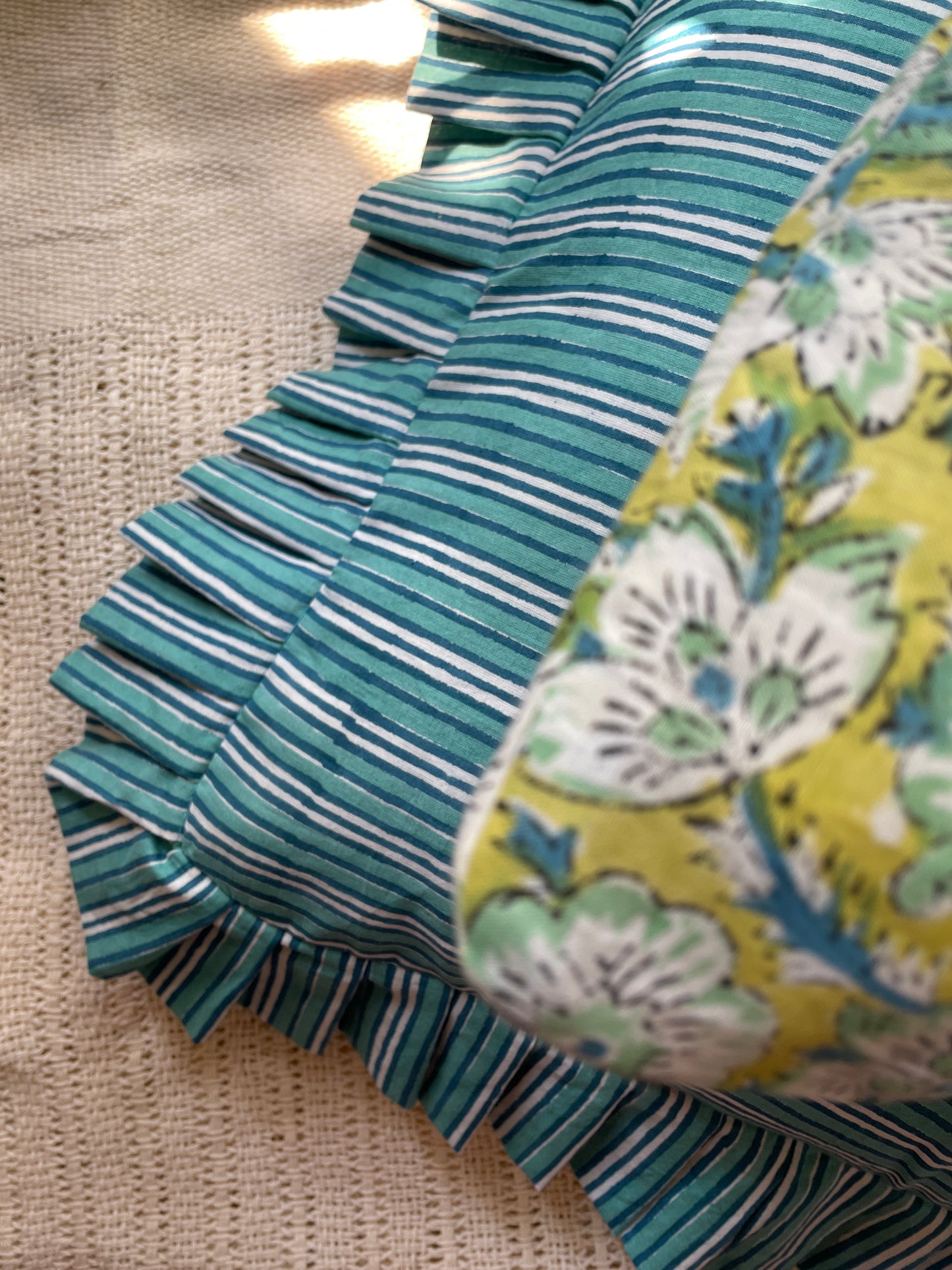 Frilly Cushion Cover 16x16"- Blockprint cotton-Teal stripes