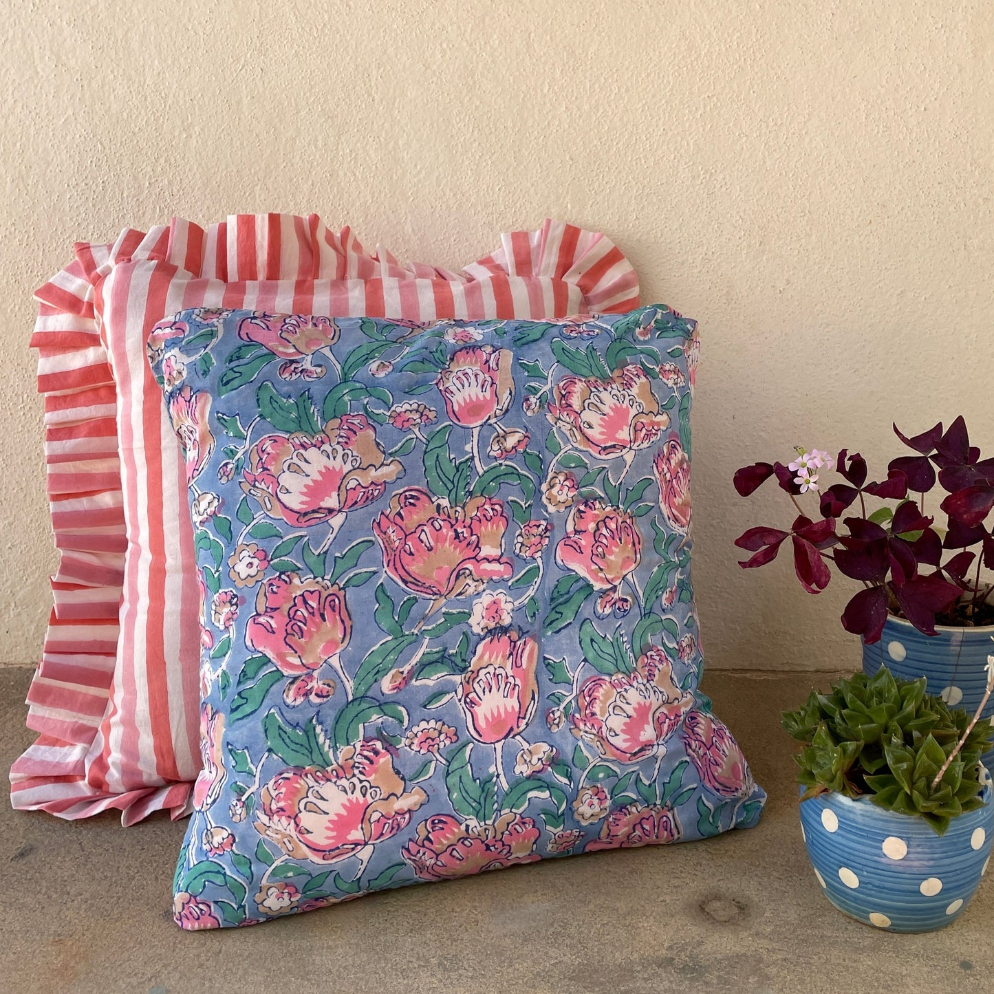 Cushion Cover 16x16"- Blockprint cotton-Blue and Pink